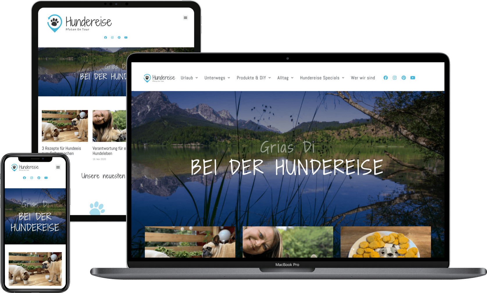 Laptop, Tablet und Handy, die die Webseite von "Hundereise" im jeweilgen responsiven Design zeigen