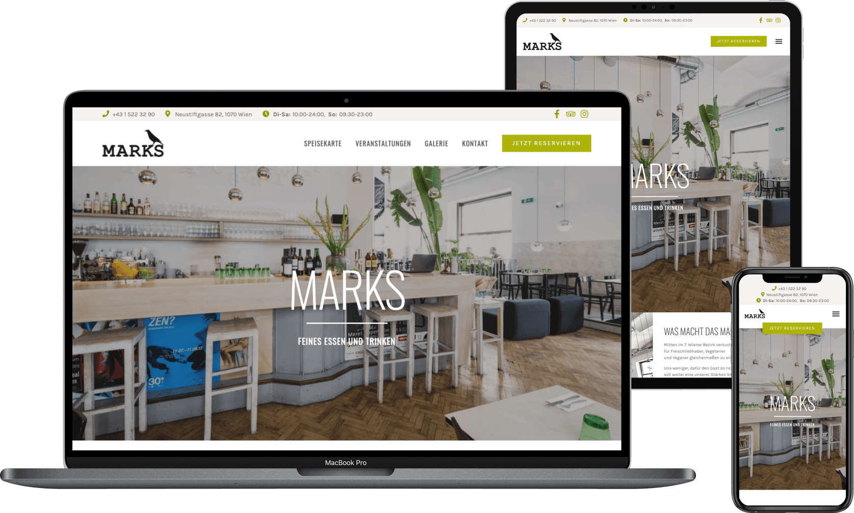 Laptop, Tablet und Handy, die die Webseite vom "Restaurant Marks" im jeweilgen responsiven Design zeigen
